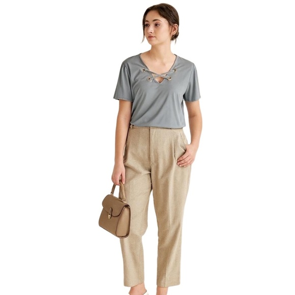 Michael Kors Blue Faux Lace Up Grommet Short Sleeve Blouse Womens Large Academia - Picture 1 of 6